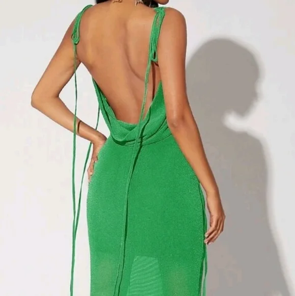 shein.Bae.Elegant Green Open Back Drawstring Shoulder Sparkly Dress Size L - Picture 12 of 12